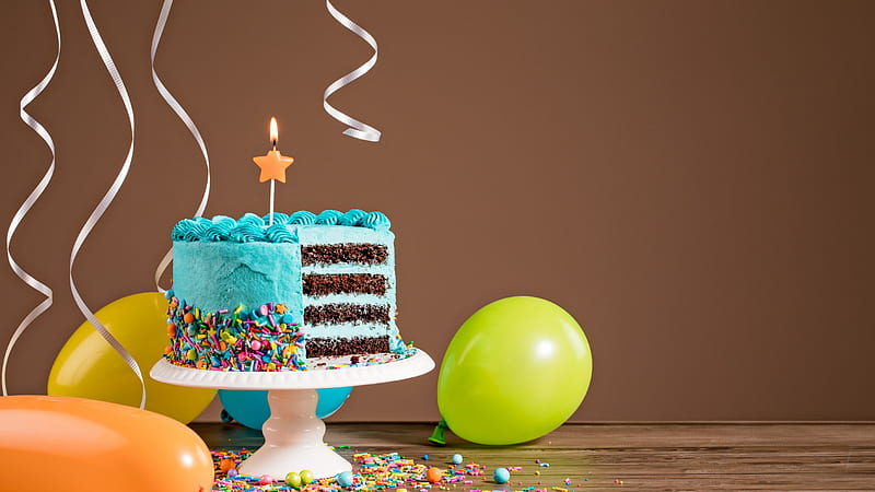 Woo Hoo Happy Day!, lit candle, orange, blue raspberry icing, brown, confetti, celebration, rainbow sprinkles, yellow, happy day, chocolate cake, cake display, green, balloons, sliced, streamers, party, HD wallpaper