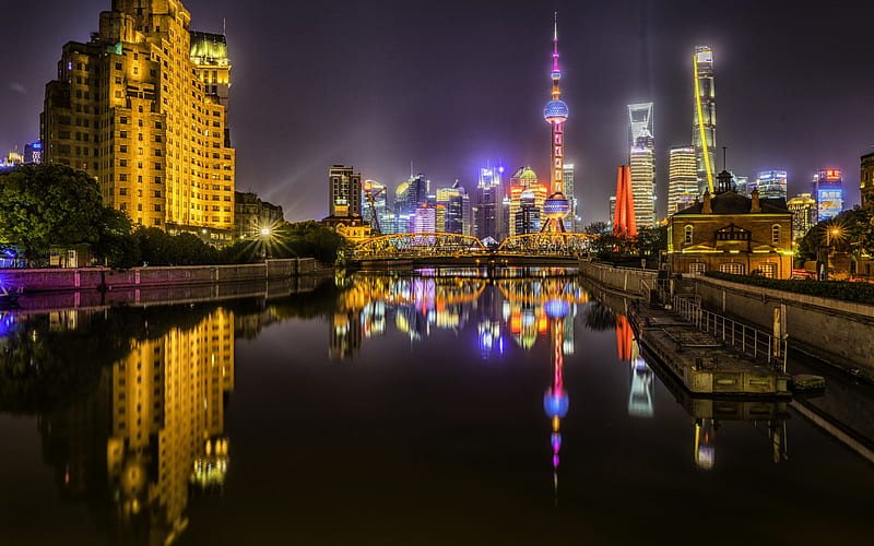 Shanghai, Oriental Pearl Tower, skyscrapers, night city, modern buildings, modern architecture, Shanghai cityscape, China, Television Tower, HD wallpaper