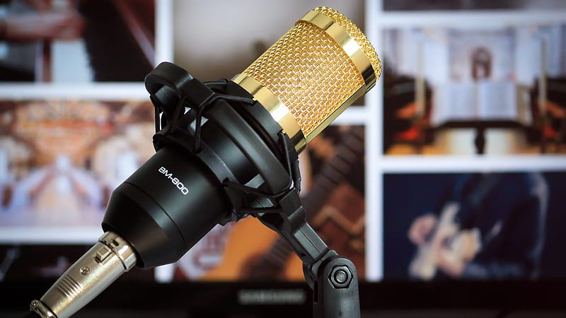 black and brass condenser microphone, HD wallpaper