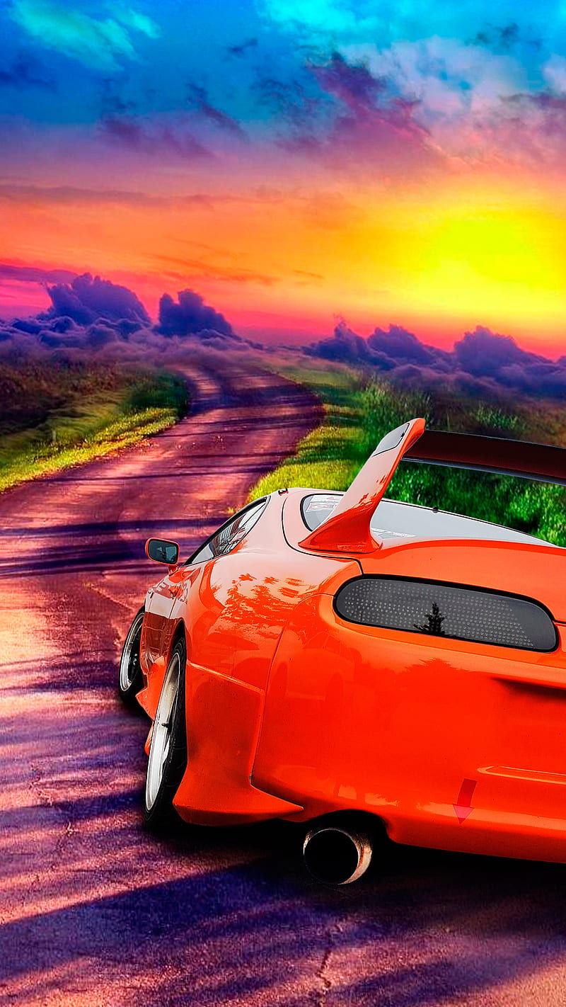Sport car color, VIP, exhaust, landscape, orange, popular, esports, sun, HD phone wallpaper