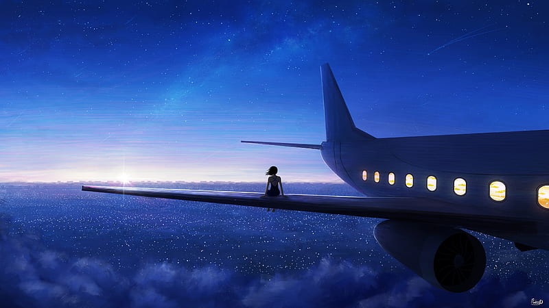 Sitting on plane wing, wing, sky, blue, clous, view from the top, frumusete, ricodz, luminos, fantasy, airplane, girl, HD wallpaper