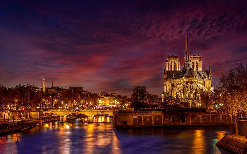 Notre Dame de Paris, Catholic cathedral, evening, autumn, river, city lights, landmark, Paris, France, HD wallpaper