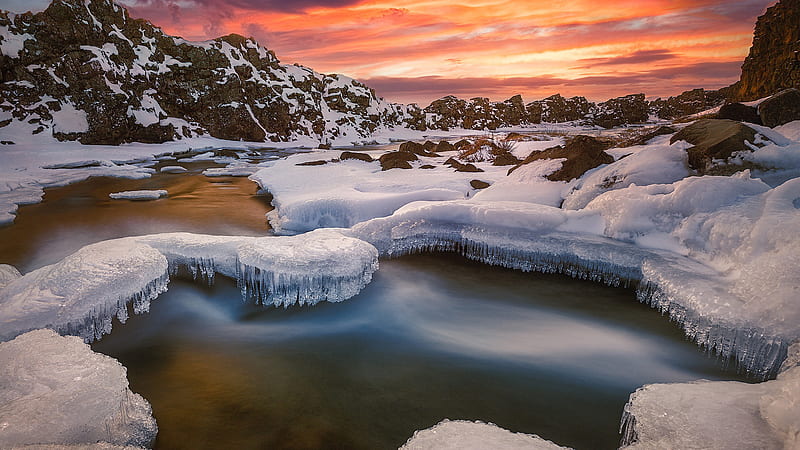 Iceland River With Snow During Sunset In Winter Nature, HD wallpaper