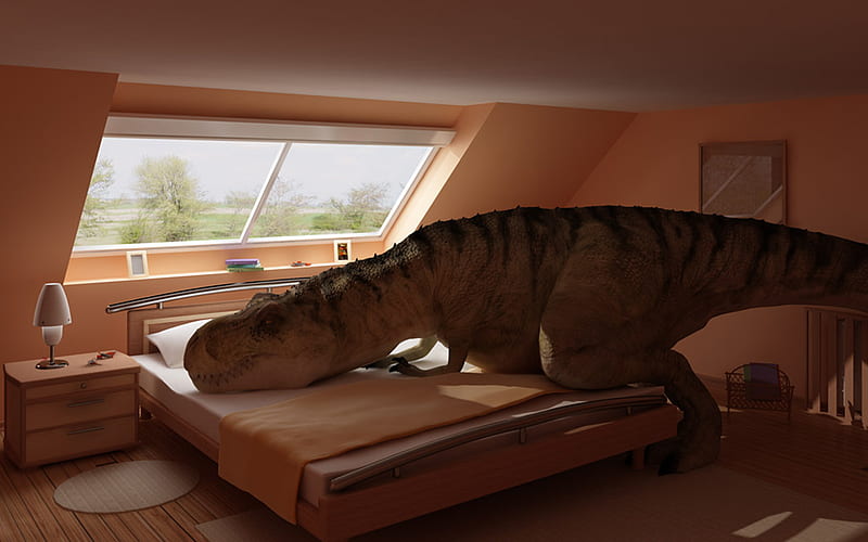 Sleepy Rex, t rex, bedroom, funny, dinosaur, bed, animal, rex, HD wallpaper