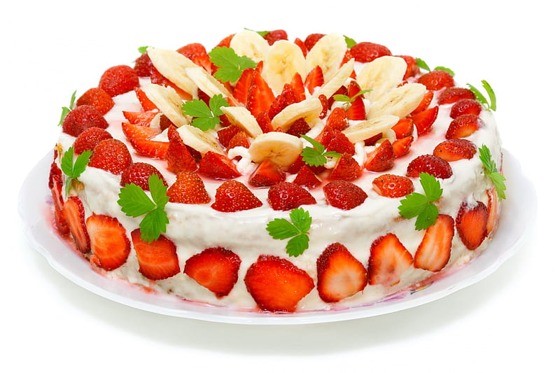 Strawberry cake with bananas, cake, banana, yummi, dessert, HD wallpaper