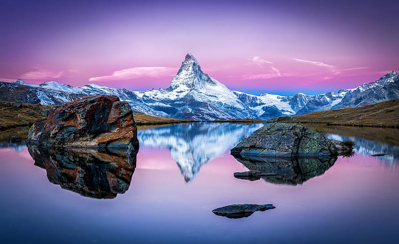Stellisee and Matterhorn, mountain, Matterhorn, bonito, sunset, Switzerland, reflection, sky, lake, peak, HD wallpaper
