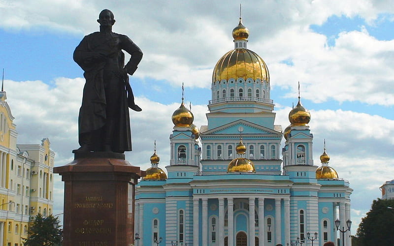 saransk, fyodor ushakov, admiral, temple, mordovia, cathedral square, monument, russia, HD wallpaper