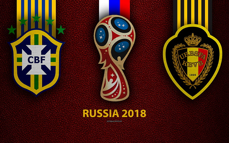 Brazil vs Belgium, Quarterfinal, Round 8 leather texture, logo, 2018 FIFA World Cup, Russia 2018, July 5, football match, creative art, national football teams, HD wallpaper