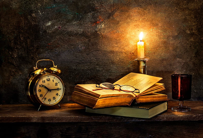 graphy, Still Life, Book, Candle, Clock, Glasses, Vintage, HD wallpaper