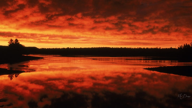 Almost Dark, red, sunset, sky, clouds, lake, pond, dark, river, evening, reflection, Firefox Persona theme, HD wallpaper