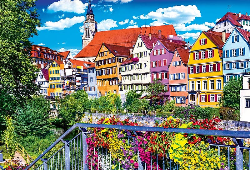 Old Town in Germany - Tubingen, artwork, digital, colors, clouds, trees, flowers, sky, houses, HD wallpaper