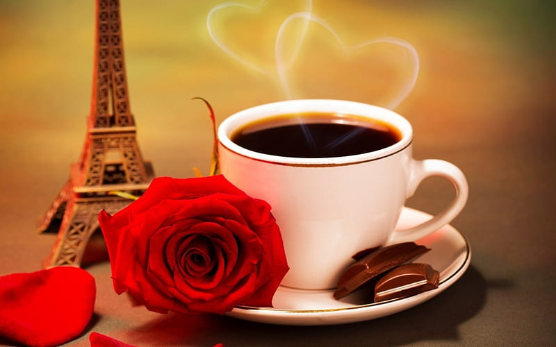 Coffee in Paris, red, cafe, coffee, france, rose, chocolate, paris, HD wallpaper