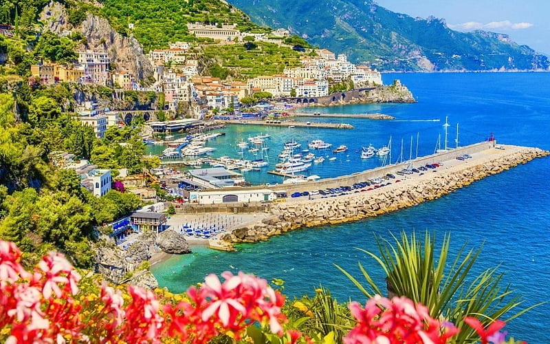 Amalfi Coast, Italy, carros, boats, houses, flowers, coast, sea, Nature ...