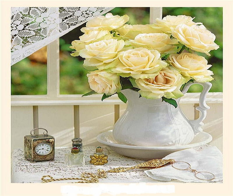 Charming, trinkets, spectacles, lace, glasses, yellow, vase, clock, roses, plate, HD wallpaper