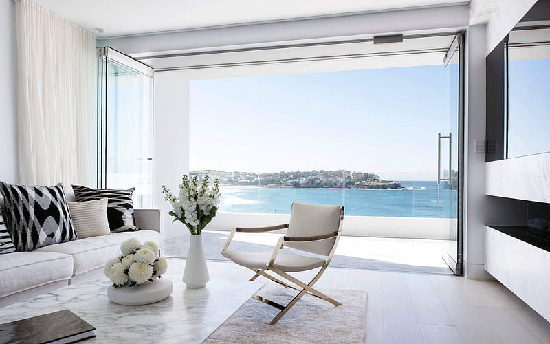 bright apartments, modern interior design, minimalism, white sofa, stylish apartments by the sea, living room, HD wallpaper
