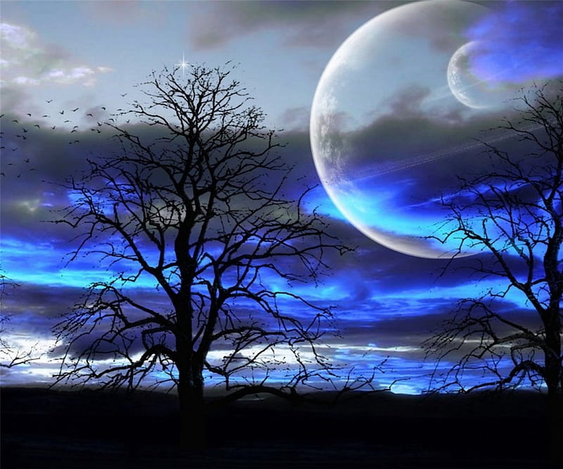 Bad Moon Rising, colorful, planets, black, trees, fantasy, moon, two, bright, white, blue, HD wallpaper