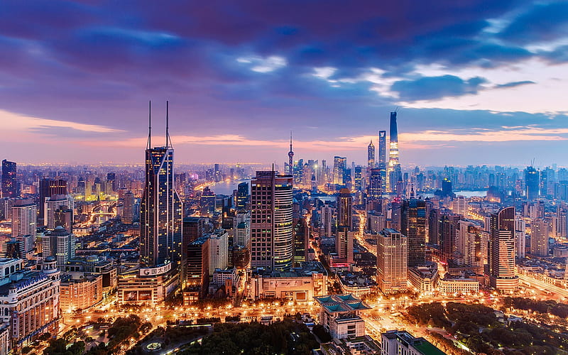 Shanghai, evening, sunset, metropolis, modern city, cityscape, Shanghai cityscape, skyline, China, HD wallpaper