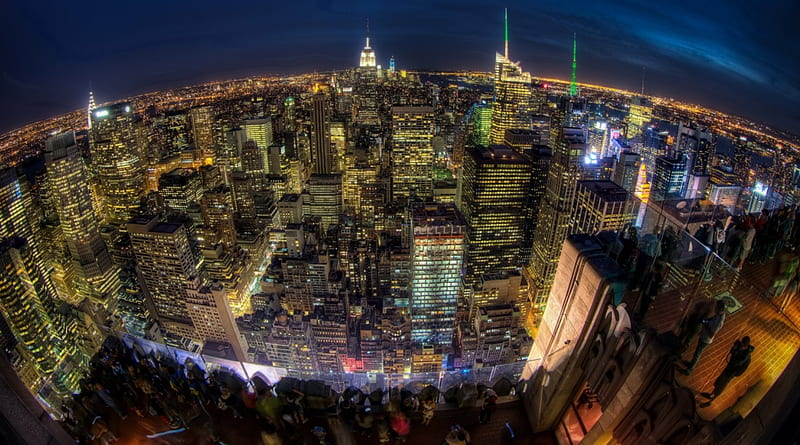 fanatstic view of nyc from an observation deck, city, fish eye, view, deck, skyscrapers, HD wallpaper