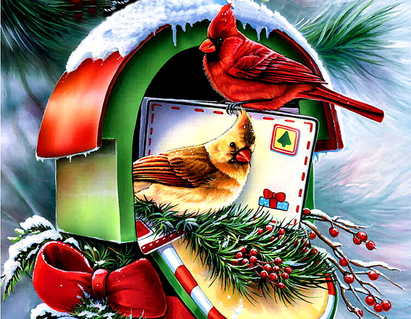 North Pole Again FC, art, bonito, illustration, artwork, animal, cardinals, bird, avian, painting, wide screen, wildlife, mailbox, letter, HD wallpaper