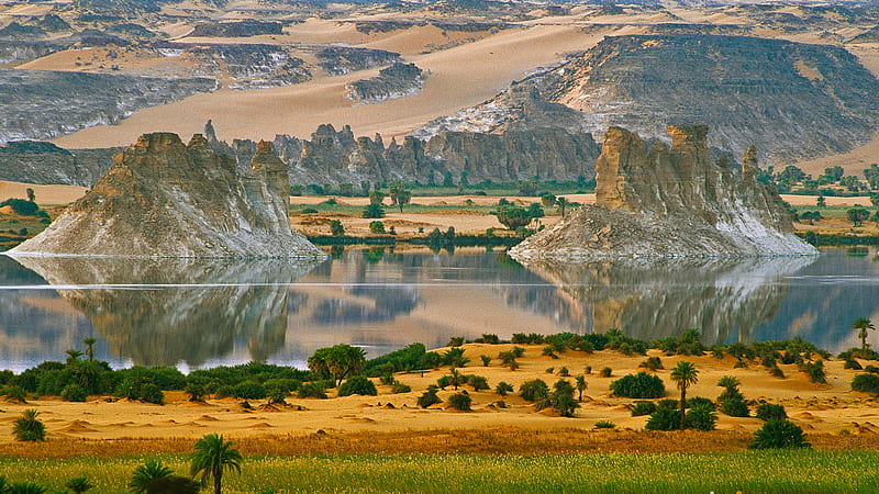 Rocks With Reflection On Water Surrounded By Sands With Landscape View Of Sand Slope Rocks Nature, HD wallpaper