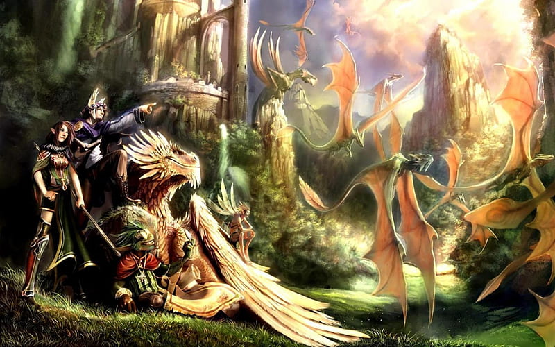 Wyverns fo Valley, colorful, grass, sunny, dragon, dragons, elfs, cool, fanastey, creatures, kingdom, HD wallpaper