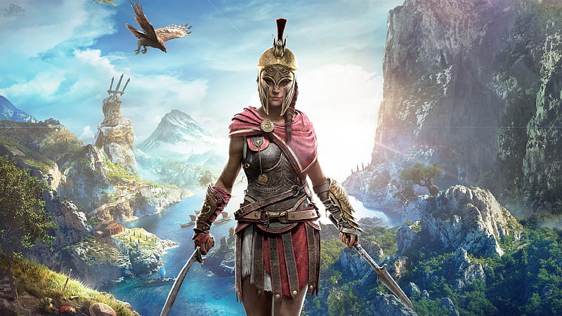 assassin's creed odyssey, woman warrior, swords, mountain, Games, HD wallpaper