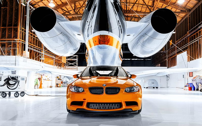 BMW ~ M3 GTS in a Hanger, BMW, Aircraft, Orange, Car, HD wallpaper