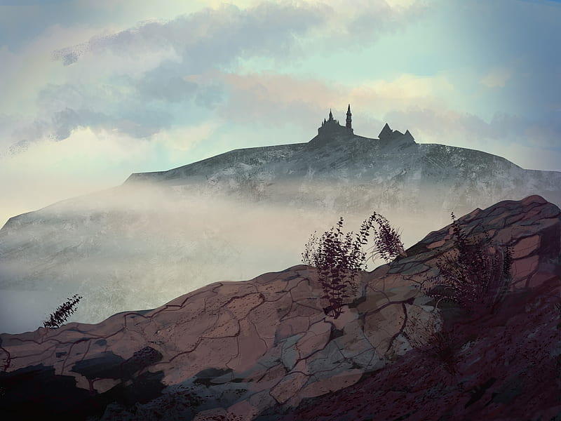 hill, castle, fog, mountains, art, HD wallpaper