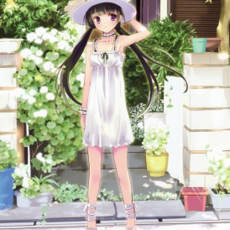 Lil' Missy, pretty, house, cg, plant, vase, adorable, sweet, nice, stand, anime, anime girl, long hair, lovely, twintail, cute, cap, scenic dress, home, twin tail, scenery, female, brown hair, twintails, hat, twin tails, kawaii, tree, girl, standing, sundress, scene, HD wallpaper