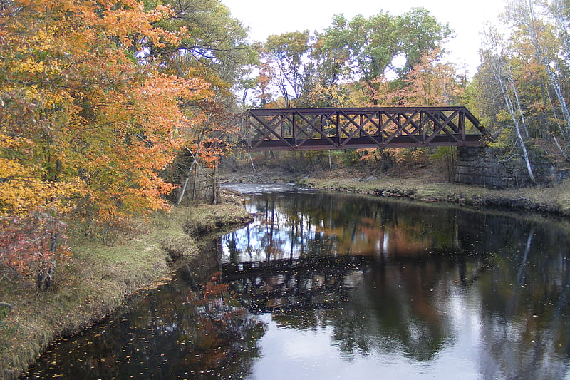 old railroad bridge, river, trees, bridge, fall colors, HD wallpaper