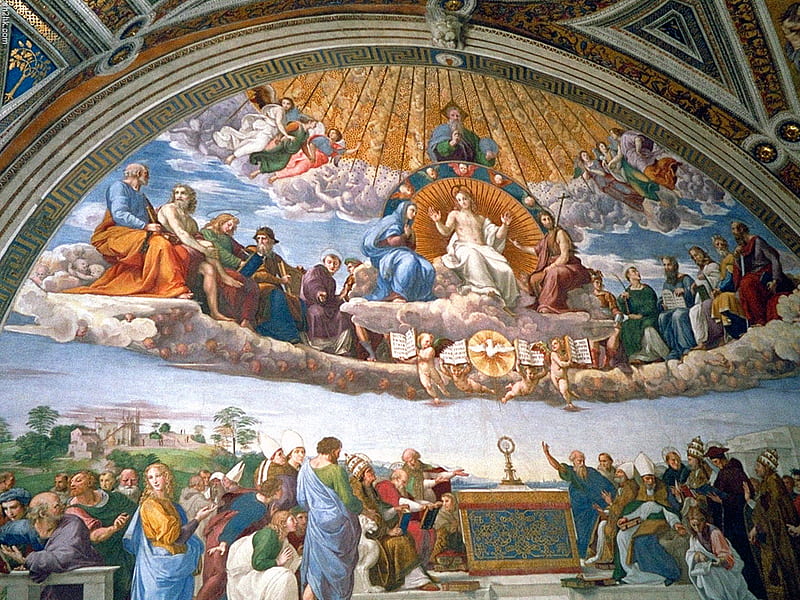 The Disputation of the Sacrament, scrolls, bonito, religion, saints, clouds, women, gold, throne, men, painting, cherubs, heaven, jesus christ, prophets, HD wallpaper