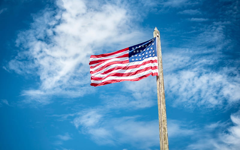 USA flag on flagpole, blue sky, American flag, USA flag, flagpole, USA, HD wallpaper