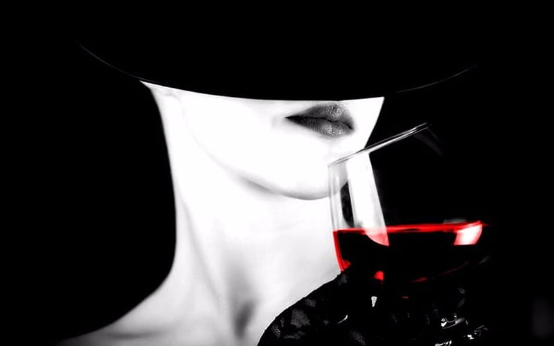 Wine, Red, Digital, Black and White, Woman, Art, Hats, HD wallpaper
