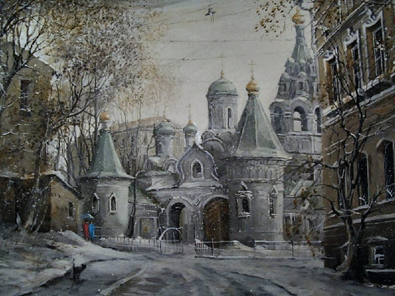 Russian Street Scene (IV) 2, art, cityscape, church, artwork, winter, russia, snow, painting, ice, scenery, HD wallpaper
