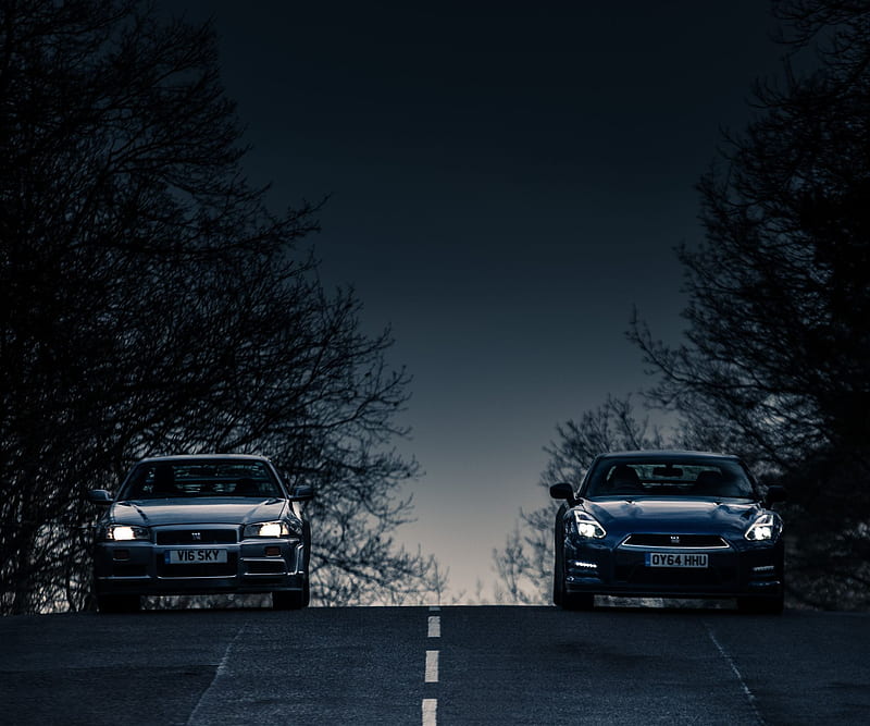 Nissan R34 and R35, godzilla, night, skyline, HD wallpaper