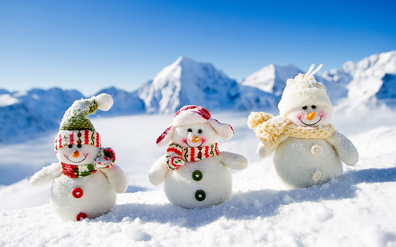 snowmen, mountains, winter, toys, Christmas, Xmas, snowman, HD wallpaper