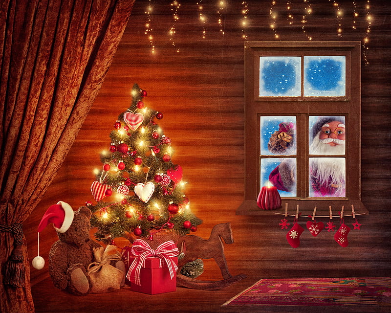 Christmas window, pretty, window, christmas, holiday, decoration, home, new year, winter, tree, santa, snow, presents, funny, gifts, frost, HD wallpaper