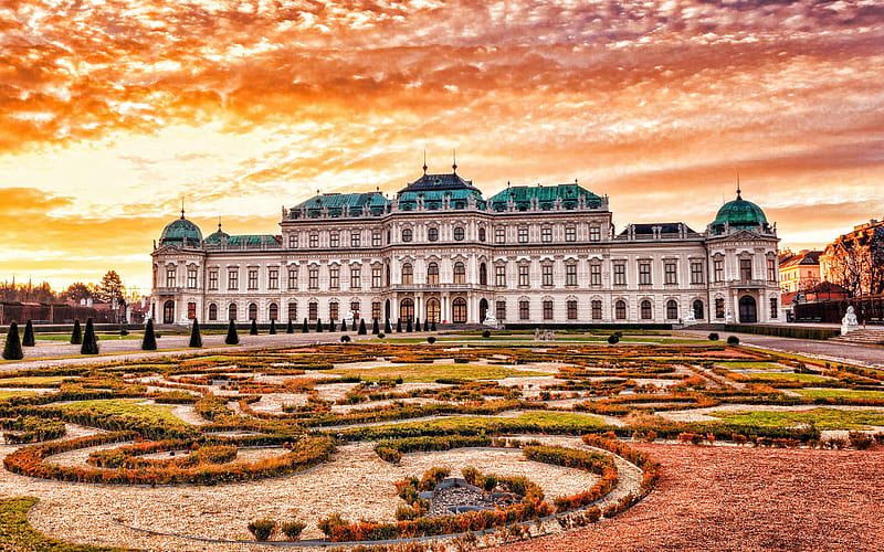 Belvedere, Vienna, palace complex, evening, sunset, Vienna landmark, Baroque palaces, Austria, HD wallpaper