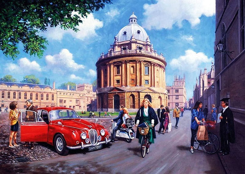 Oxford, England, building, carros, people, strees, clouds, artwork, HD wallpaper