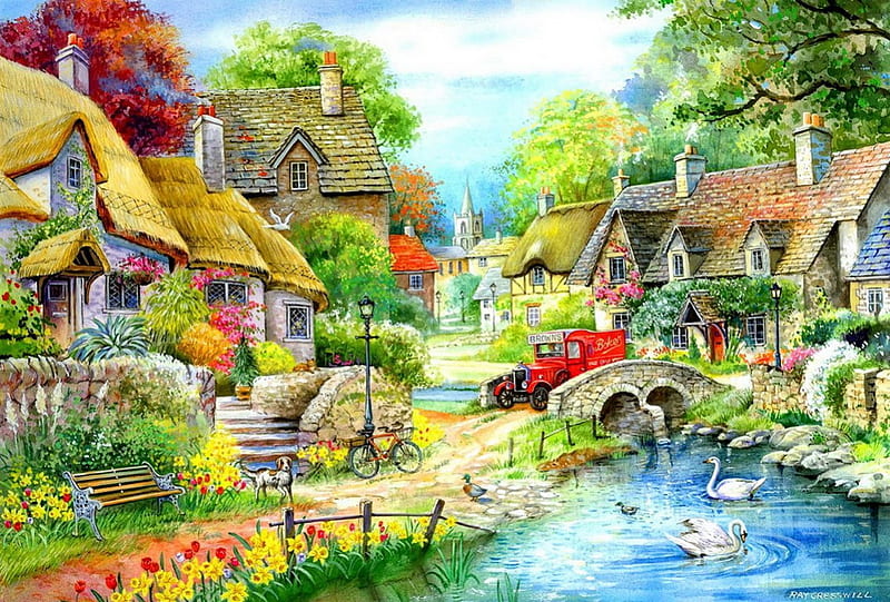 Riverside cottage, pretty, colorful, cottage, bonito, nice, bridge, car, painting, village, flowers, river, art, lovely, creek, trees, swans, paradise, riverside, peaceful, HD wallpaper
