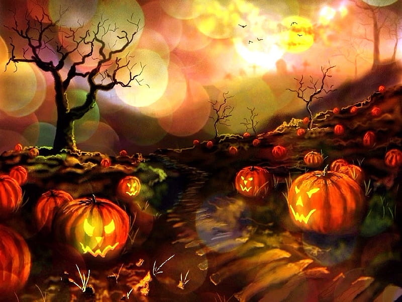 Awesome Halloween, holiday, halloween, colors, love four seasons, digital art, horror, creepy, pumpkin patch, spooky, jack-o-lanterns, pumpkins, HD wallpaper