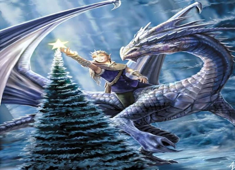 Christmas Dragon, christmas tree, lady riding dragon, gold star, HD wallpaper