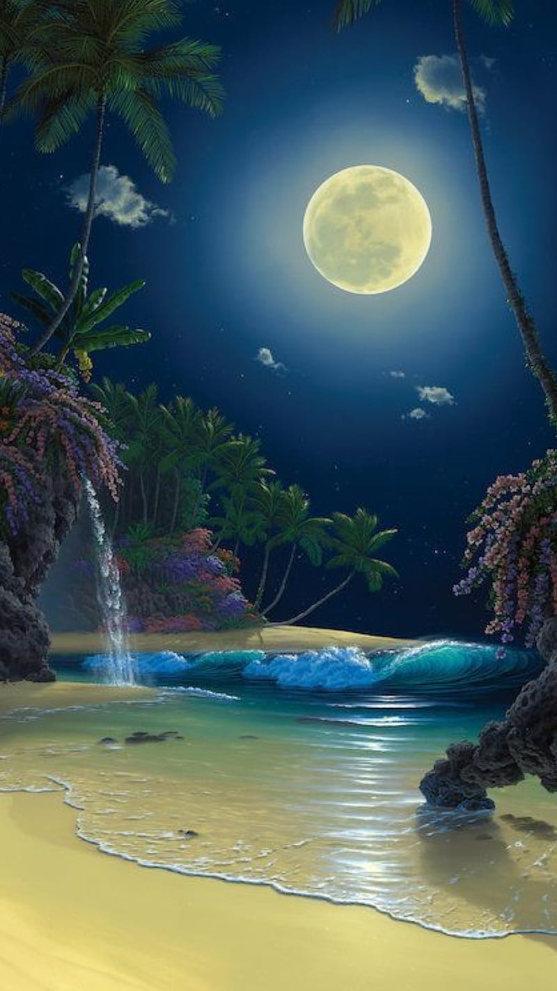 Moonlight, beach, drawings, fantasy, landscape, moon, night, palm trees, trees, tropical, HD phone wallpaper