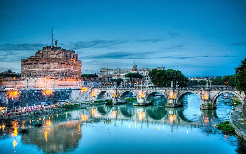 Castle of Saint Angela, night, bridge, The Sad Castle, Tiber, Rome, Italy, HD wallpaper