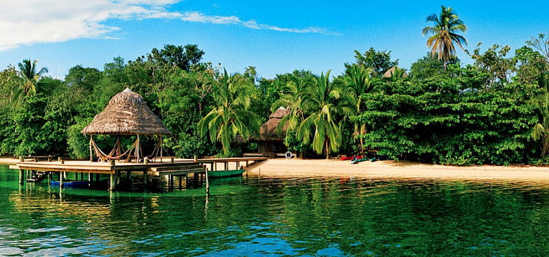 Island Beach, huts, Bocas del Toro, ocean, bonito, palm trees, beach, archipelago, Panama, paradise, grove, island, HD wallpaper