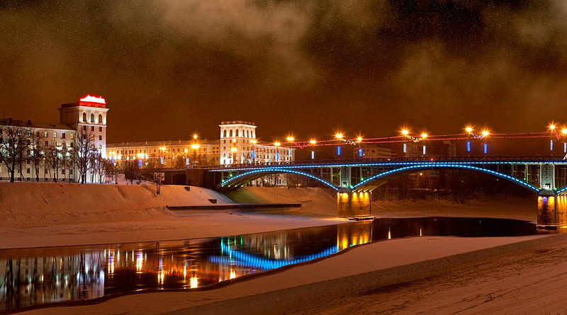 lovely lit bridge on a winter night, city, bridge, river, lights, night, winter, HD wallpaper