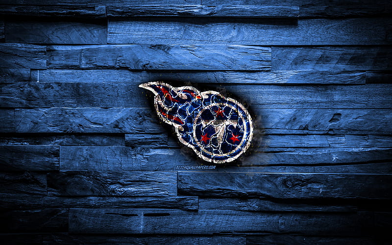 Tennessee Titans scorched logo, NFL, blue wooden background, american baseball team, American Football Conference, grunge, baseball, Tennessee Titans logo, fire texture, USA, AFC, HD wallpaper