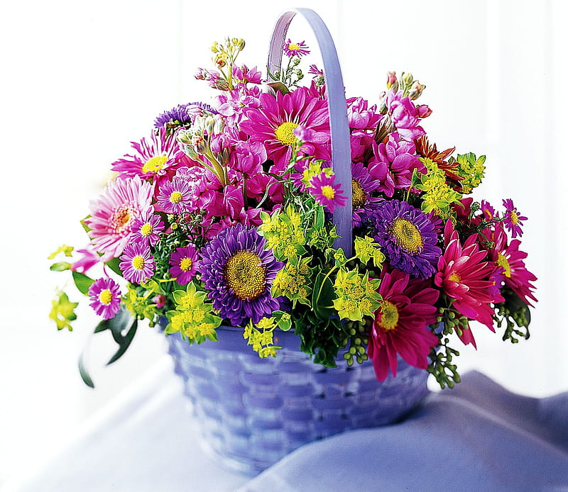 Basket of cheer, cheery, purple, basket, flowers, yellow, pink, blue, HD wallpaper
