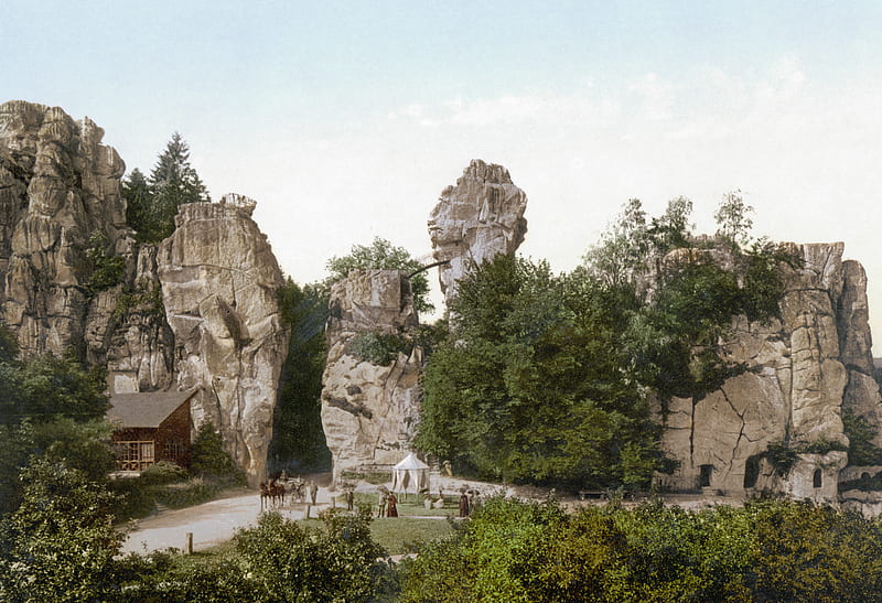 Externsteine - Anno 1900, germany, nrw, myth, teutoburg forest, cave, north rhine westphalia, externsteine, HD wallpaper