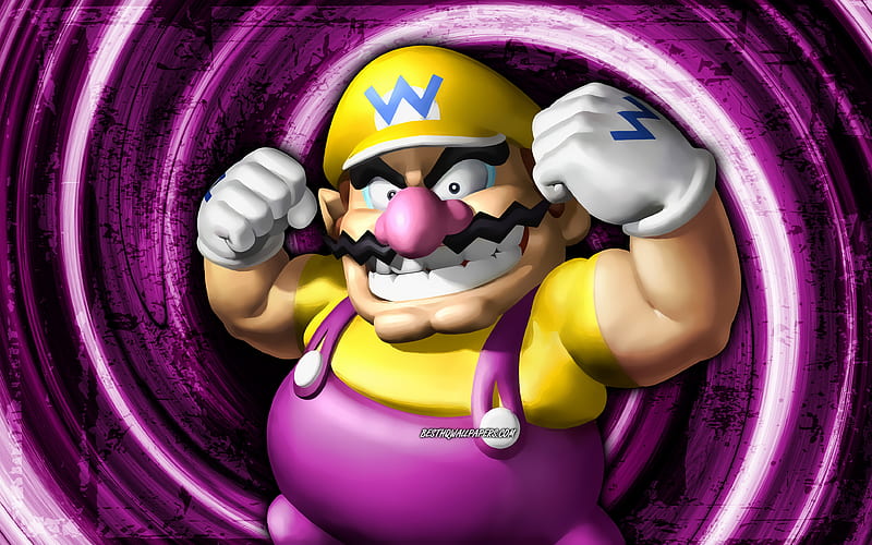 Wario, violet grunge background, Super Mario, vortex, Super Mario characters, cartoon plumber, Super Mario Bros, Wario Super Mario, HD wallpaper